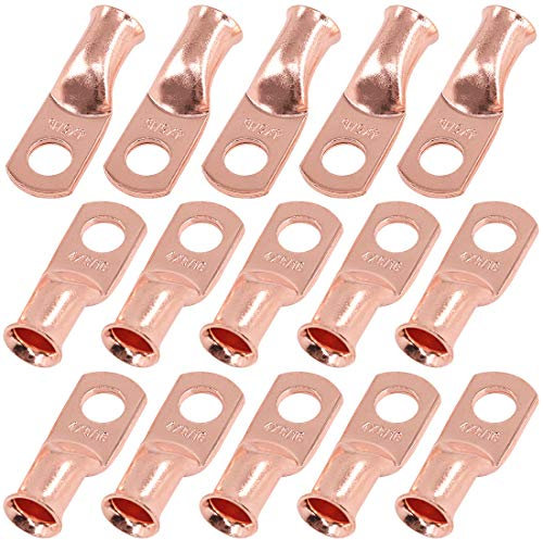 Rustark 15 Pack Copper Wire Ring Lugs, 4 AWG-5/16 Ring UL Listed Heavy Duty Eyelet Terminal Battery Cable, Lug Terminal Connectors, Bare Copper Battery Terminal Crimp (4 AWG-5/16 Ring)