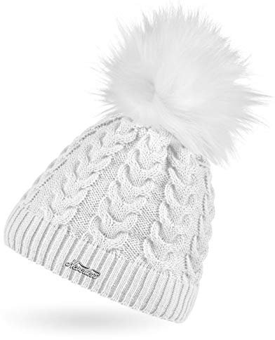 Neverless® Damen Strick-Mütze gefüttert Fell-Bommel Kunstfell Bommelmütze Fleece-Innenfutter Zopfstrickmuster weiß