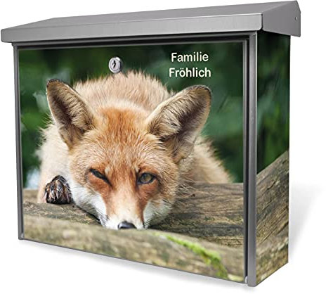 banjado® Burgwächter Briefkasten Edelstahl 38,5x31,5x12cm mit Motiv Fuchs Relax/Briefkasten Edelstahl ohne Zeitungsfach/Briefkasten grau/Postkasten inkl. Montagematerial & 2 Schlüsseln