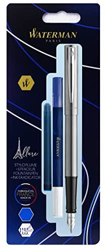 WATERMAN Graduate Allure Fountain Pen, Chrome, Chrome trims, Fine Nib + blue cartridge + Eraser rewriter, blister