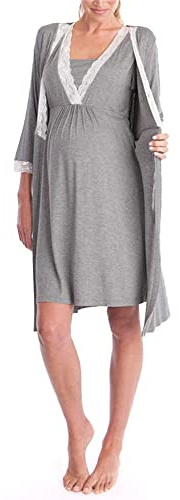 Bysion Donna Set Vestaglia e Camicia Cotone Allattamento Premaman Elegante Scollo a V Pizzo Vestito Pigiami Casa Casual Comodo - Pacco da 2