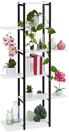 Relaxdays Pflanzenregal, Blumentreppe mit 6 Ablagen, HBT: 150 x 78 x 24 cm, Stahl & MDF, Blumenregal innen, schwarz/weiß