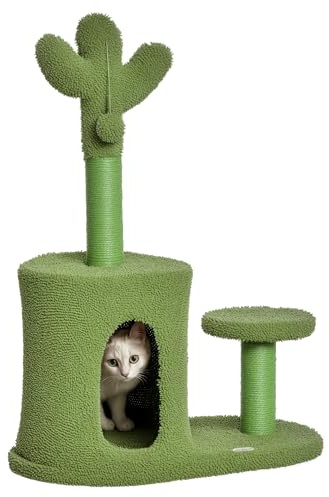 PawHut Árbol rascador para gatos adultos y gatos con forma de cactus con cuerda sisal, bolas y cuna, altura 78 cm, verde