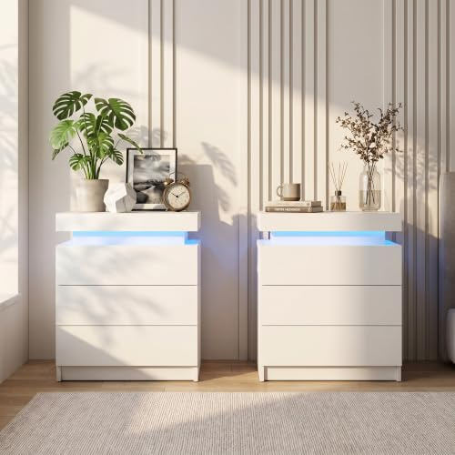 TUKAILAi Set of 2 Bedside Table with 3 Drawers & LED Light for Bedroom