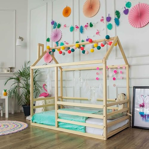 Sweet Home From Wood Kinderbett aus Holz - Montessori-Bett mit entnehmbarem Bettgitter/Rausfallschutz, Lattenrost, Hausbett mit rausfallschutz (90 x 200 cm, Kiefernholz)