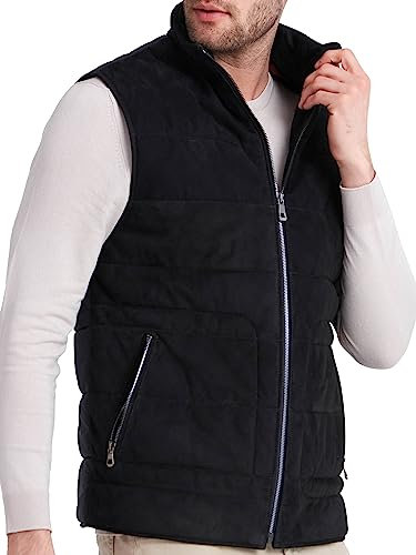 Bigardini Herren Puffer Weste - Echtes Lammfell Leder Gepolsterte Outdoor Weste, Schwarzes Wildleder, 3XL
