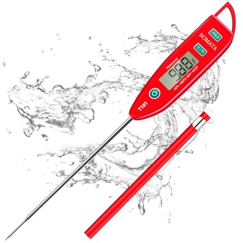 BOMATA Waterproof IPX7 Thermometer for Water, Liquid, Candle and Cooking. Instant Read Food Thermometer with Long Probe for Cooking, Meat, BBQ! T101 (Red Color)………
