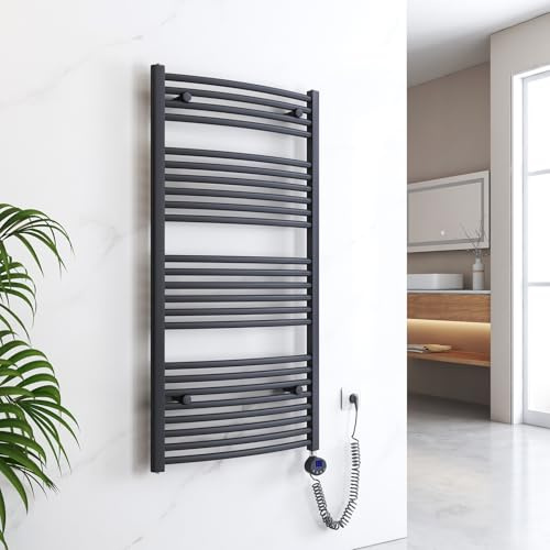 EMKE Badheizkörper Elektrisch 1200x600 mm - Gebogen Handtuchheizkörper Elektrisch, Elektrischer Handtuchwärmer Handtuchtrockner Handtuch Heizkörper Bad mit Thermostat und Heizstab - 600W, Anthrazit