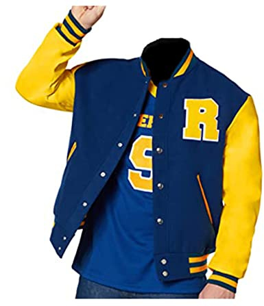 MAXDUD Blouson bomber bleu et jaune pour homme | Blouson universitaire KJ – R Logo College Letterman Veste slim fit décontractée légère, Bleu et jaune - Polaire, S