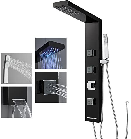 ROVOGO Panneau Colonne de Douche Hydromassante Led Sans Robinetterie, 4 Fonctions: Douche de pluie à Led, 3 Jets de Massage, Douchette et Bec Bain déverseur, Acier inox 304, Noir