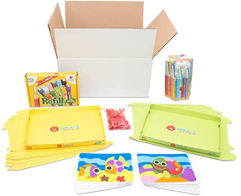 Sabbiarelli Sand-it For Fun - School Kit Tiere, Sand Art Klassen-Set für 20 Kinder ab 3: 12 Farbsandstifte, 12 Refill, 40 Selbstklebende A6-Blätter, 20 Schaber, 20 Chenilledrähte - Klassenaktivität
