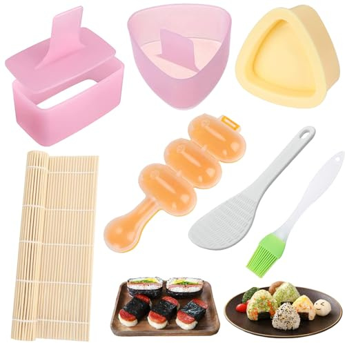 7 Pcs Onigiri Rice Ball Mold Maker Kit, Musubi Press, Classic Triangle Shake Sushi Roller Mat Tool for Kids Bento Lunch and Home DIY, Non-stick, BPA-Free
