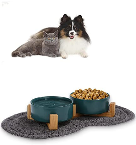 Futternapf Hund Keramik Futternapf Katze Doppelt Futternapf für Hunde und Katze mit Bambus Ständer und Rutschfester Unterlage (400ml, 2-Grün)
