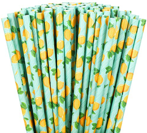 Whaline 200Pcs Watercolor Lemon Paper Straws Summer Disposable Drinking Straws Lemon Party Decorative Straw for Spring Summer Birthday Baby Shower Juices Shakes Cocktails Decorations