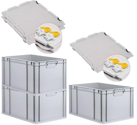PROREGAL SuperSparSet 3x Eurobox NextGen Economy mit Scharnierdeckel & gelben Verschlüssen | Griffe geschlossen | HxBxT 32x40x60cm | 65 Liter | Eurobehälter Transportbox Transportbehälter
