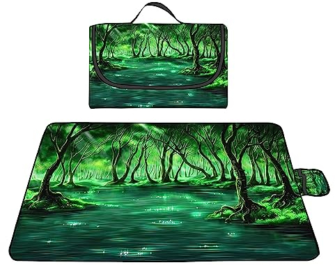TengYuer Picknickdecke 180x200cm Stranddecke Wasserdicht Sandfrei Isoliert Faltbar Strandmatte mit Tragegriff Outdoor Campingdecke XXL für Camping Parks Strände Picknick GrüNer Dschungel