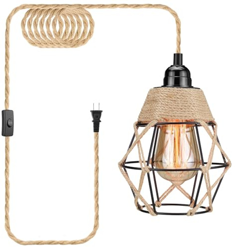 SoodMi Plug in Pendant Light, Industrial Hanging Light with Plug in Cord, Hemp Rope On/Off Switch Farmhouse Pendant Light, Hanging Lamps for Dining Room