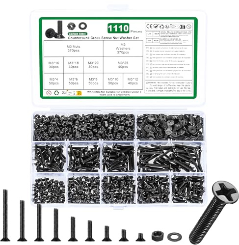 1110 Pcs M3 Screws and Nuts Set, Countersunk Bolts and Nuts Assortment, Black Phillips Flat Head Machine Screws with Washers Set(M3 Screw Kit, Black)