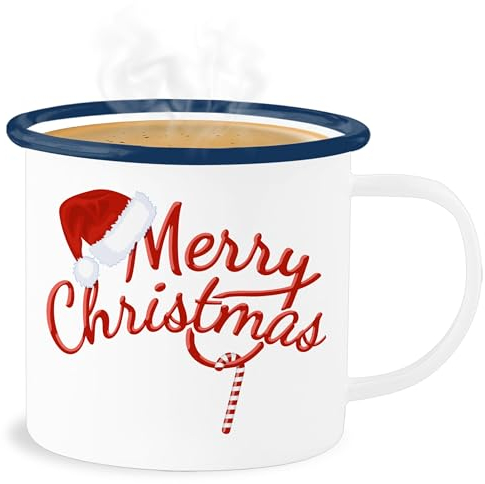 Emaille Becher Blechbecher - Weihnachtstasse Tasse Weihnachten - Merry Christmas Zuckerstange I Weihnachtsmotiv - 300 ml - Weiß Blau - weihnachtstassen weihnachts xmas kaffeebecher