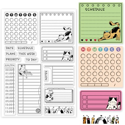 INFUNLY Katze Planer Transparent Briefmarken Zum Karte Herstellung 6.3x4.3 Datum Woche Zeitplan Silikon Stempel Kalender Planer Transparent Briefmarken Zeitplan Stempel Zum Diy Scrapbooking