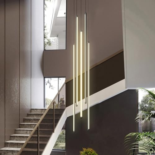 DOCJX LED Treppe Pendelleuchte Modern Treppenleuchte Hängeleuchte Dimmbarer Kronleuchter Aluminium Treppe Licht Höhenverstellbar Deckenleuchte Villa Treppenhaus(Warmes Licht,5-head 100CM)