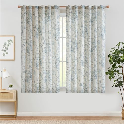 TOPICK Floral Gardinen Leinenoptik Vorhänge 2er Set H145xB140 Blau Beige | Lichtdurchlässig Gardinen Wohnzimmer boho landhausstil blickdicht Vorhänge Schlafzimmer mit Tunnel und verdeckten schlaufen