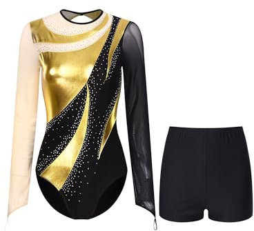 Linjinx Träningsoverall för kvinnor, långärmad balett, tröja, dansbody med gymnastikbyxor, glitter, gymnastikdräkt, balettdräkt, danskläder, Guld, XL