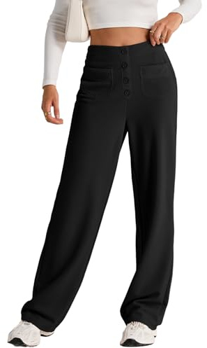 EVALESS Womens High Waist Button Stretchy Work Pants Straight Leg Formal Office Ladies Dress Pant Business Casual Trousers Comfy Loose Travel Slacks Cute 2025 Womens Pants with Pocket Black Medium