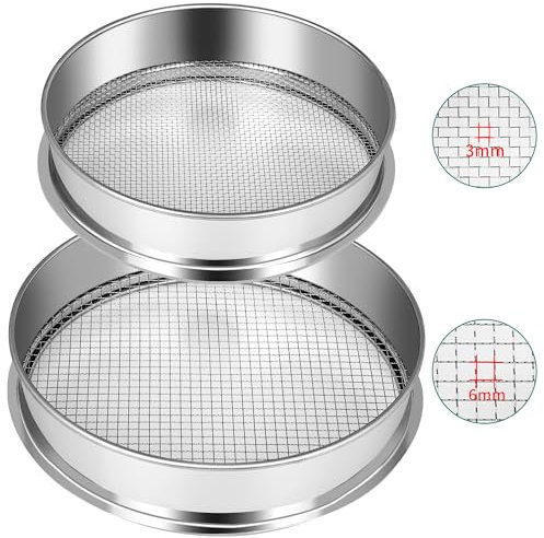FMTYAOIU 2 Pcs Garden Soil Sifter, Stainless Steel Mesh Screen Dirt Sifter, Sifting Pan-Sieve for Sand Rocks Dirt Compost, 1/4 and 1/8 Mesh