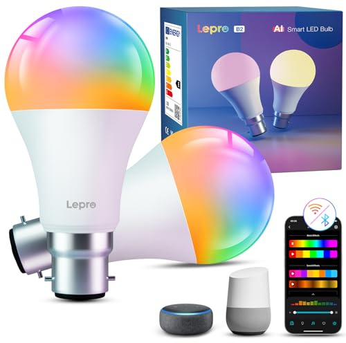 Lepro B22 AI Smart Bulb, 1100lm WiFi Light Bulb, App & Voice Control,10W(75W), Colour Changing, 2700K-5700K, Dimmable, Timer, Music Sync, Works with Alexa & Google Assistant, 2 Packs