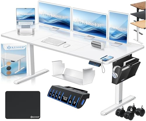 KESSER® höhenverstellbarer Schreibtisch elektrisch 160 x 70 cm, ergonomischer Steh-Sitz Tisch mit 3-Memory-Funktion, Stehtisch für Homeoffice, Inkl. Zubehör, USB-Ladeanschluss & 360° Rollen, Weiss