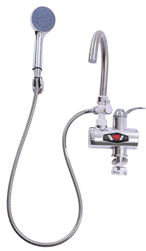 Wasserhahn Mit Durchlauferhitzer,360° Elektrische Wasserhahn Durchlauferhitzer Sofort Heizung Armatur Mit Dusche Led-Temperaturanzeige Abnehmbare Düse,Silber