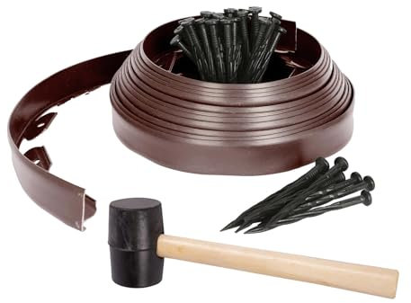 Harbour Housewares 10m Flexible Lawn Edging with 40 Pegs & Mallet - Brown - Plastic Garden Edging Grass Border Flower Bed Stone Path Edge Height 4cm Patio Landscaping Divider Palisade