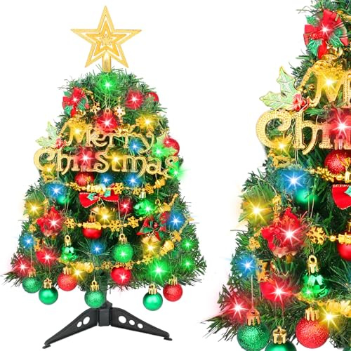 Mini Albero di Natale 50cm, Alberi di Natale Piccolo Tavolo Artificiali Decorazioni Natalizie Fai da Te Puntale a Stelle Palline Decorative Natale Decorazioni Tavola Feste (Rosso Verde)