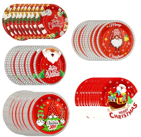 HAOYUNLAI 50pcs Assiette Pour Fête De Noël, Assiettes De Noël Vaisselle Décoration De Fête De Noël, Assiette Noel, Motif Père Noël, Fête Vaisselle En Papier Pour Jour De Noël Dîners Anniversaire
