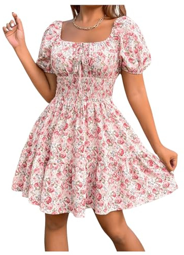 GORGLITTER Women's Floral Milkmaid Dress Summer A Line Ruffle Mini Dress Square Neck Puff Sleeve Smocked Flowy Dresses