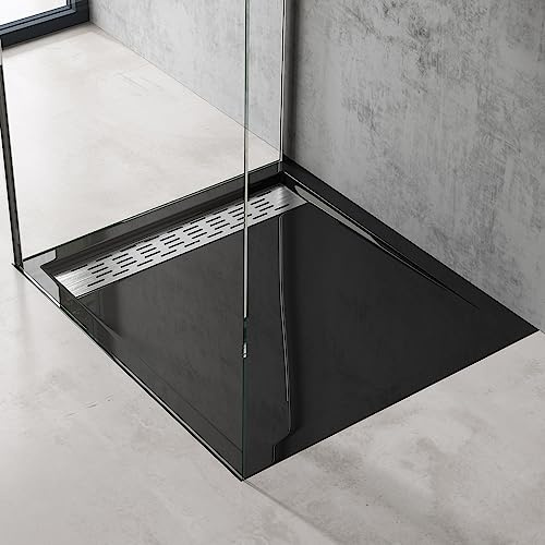 doporro Duschtasse Duschwanne 90x90x5cm Acryl in schwarz Ablaufgarnitur | Quadratisch Flache Duschwanne für bodenebene Montage mit DIN-Anschlüssen – stabil & pflegeleicht Xetro04 AL02