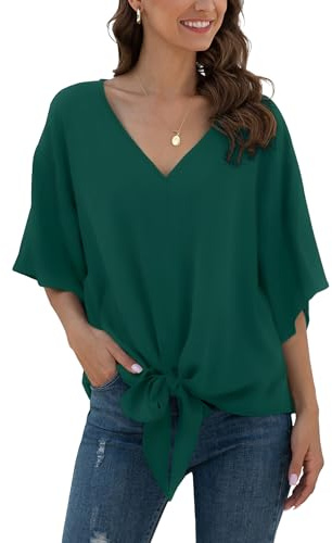 Anelune Bluse Damen Sommer Chiffon Tunika Tops Kurzarm Elegant Oberteile V-Ausschnitt Loose Casual Tie Front Trompetenärmel T Shirts S-2XL Dunkelgrün XXL