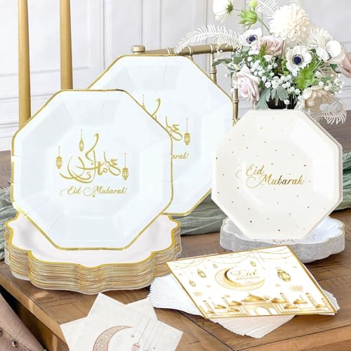Bdecoll Lot de 84 pièces de vaisselle en papier réutilisables pour le Ramadan Mubarak, décorations de table, assiettes à dessert Ramadan, serviettes de fête, assiettes pour fête du Ramadan