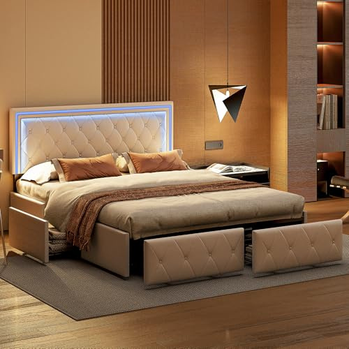 LIVLUX Lit 160x200 cm avec sommier éclairage LED, Lit Double rembourré avec 4 tiroirs et réglable Tête de lit,en PU, Lit 2 Personnes pour Adultes et Adolescents (Blanc, 160 x 200 cm)