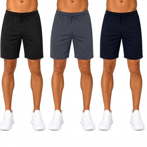 TORO ACTIVA Pack of 3/5 Men Active Wear Shorts Workout Pocket Side Adjustable Waist Draw String Cord Running Gym Training Shorts Lightweight (UK, Alpha, XXL, Regular, Regular, 3 PCS Black Grey Navy)