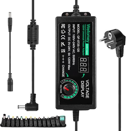 5A 120W Universal Einstellbarer Netzadapter, Einstellbares Netzteil 3V-24V Universal Netzteil 100V-240V AC to DC mit LED Spannungsanzeige und 14 Steckern, geeignet für Haushaltselektronik