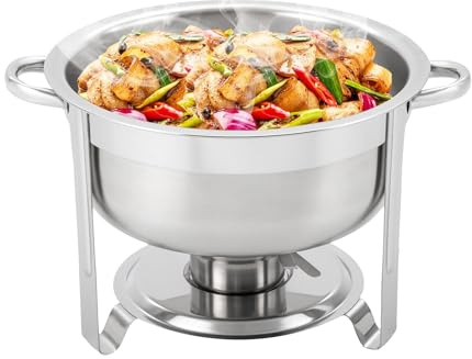 RjcdOPL Chauffe-Plats Rond 8,5L en Acier Inoxydable, Buffet Chauffant avec Porte-Combustible et Couvercle en Verre, Idéale pour Cafétéria, Hôtel, Traiteur