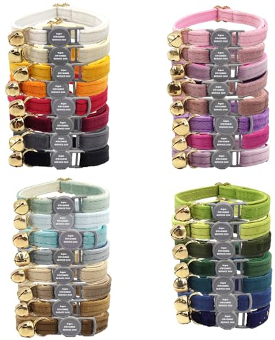 Katzenhalsband mit Namen und Telefonnummer, Personalisiertes Katzenhalsband mit Sicherheitsverschluss und Glöckchen, Weiches Samt Halsband Katze Verstellbar für Kitten & Katzen, Größe S & L
