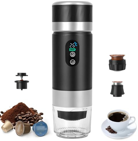 Bostar 3 in 1 Tragbare Espressomaschine, 2 Modi Elektrische Kaffeemaschine Espresso Maker mit Temperatur Digitale Anzeige für Camping Reise, Kompatibel mit Kapseln&Gemahlen (Metallic Schwarz)