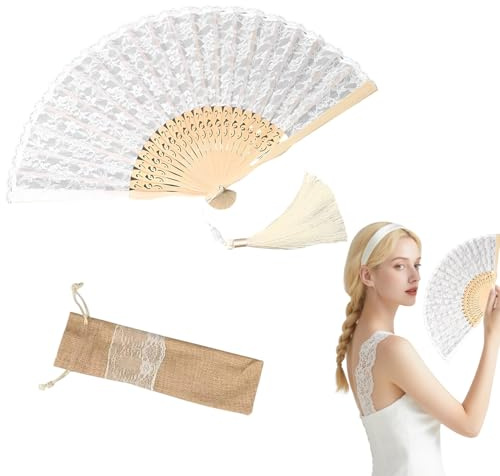 Handfächer Spitze Weiß Fächer Hochzeitsfächer Brautfächer Faltfächer Tanzfächer Für Hochzeit mit Leinen Geschenktüte für Tanzen Hochzeit Party (style3)