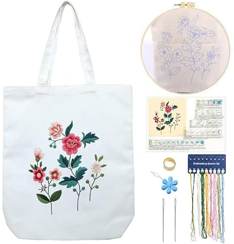 CREAWONDER Kit de bordado de bolsa de lona con patrón para principiantes, artes y manualidades de bordado para adultos, incluye instrucciones, aros de bordado, hilos de color y herramienta