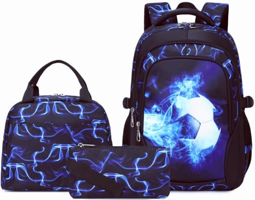 SOMBLG Ragazzi Zaino Borsa Scolastica Set Bambini Elementare Mezzo Adolescente Borsa Grande Impermeabile 18 Pollici Borsa Pranzo 3 Pezzi (1-Blu Calcio Set)