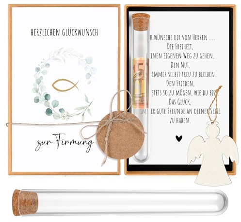 Hestya Geschenk zur Firmung Geldgeschenke für Jungen Mädchen, Eukalyptus | Karte zur Firmung Geschenke mit Reagenzglas Holz Engel, Firmung Geldgeschenke Verpackung