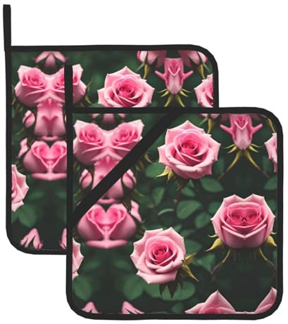 Set di 2 presine da cucina con stampa di rose rosa, sottopentola per cucina e cottura